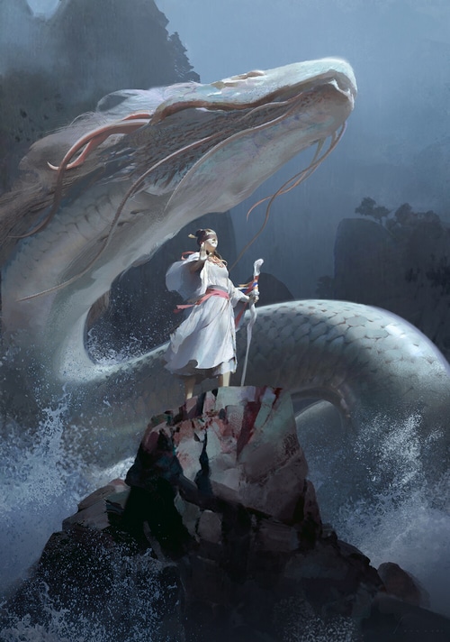 Fantasy girl and Chinese dragon in the sea