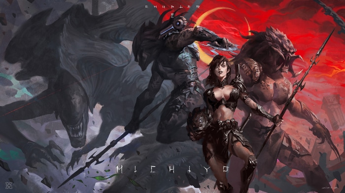 Predator and Xenomorph with a woman in armor