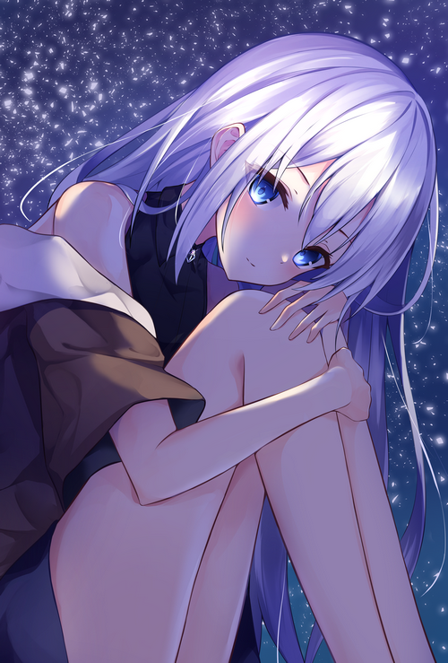 Anime girl with blue eyes holding her knees