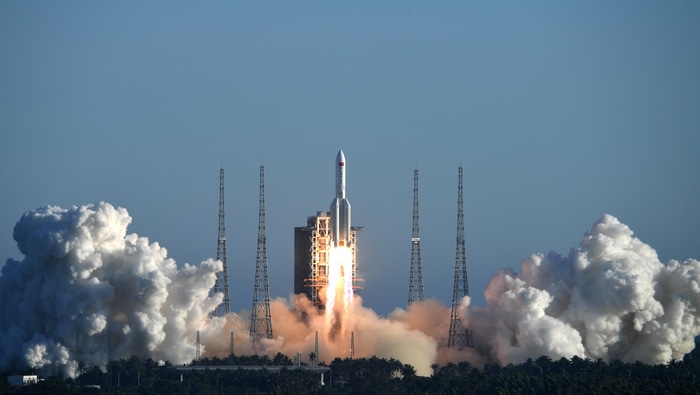 CZ-5 Rocket Launching with Smoke Plumes