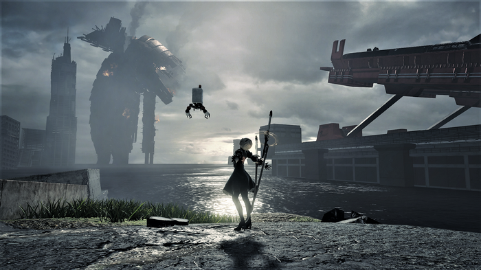 2B from Nier: Automata in a ruined city