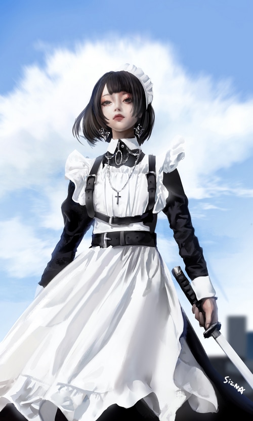 Woman in Maid Outfit Holding a Katana