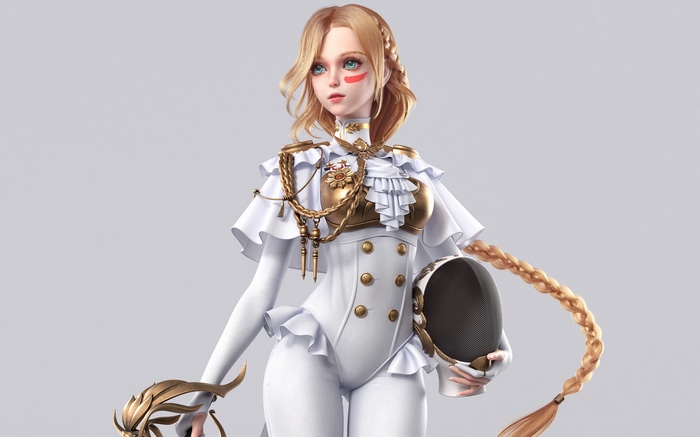 Woman in white fencing uniform holding a mask