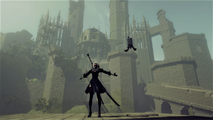 Nier: Automata 2B and Pod in front of castle ruins