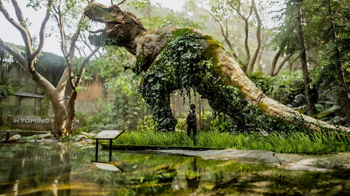The Last of Us: Tyrannosaurus Rex statue in overgrown museum