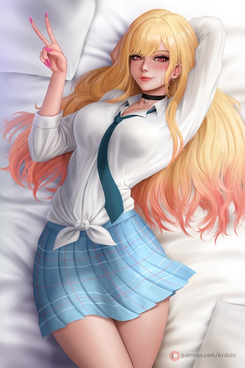 Kitagawa Marin in school uniform lying on a bed