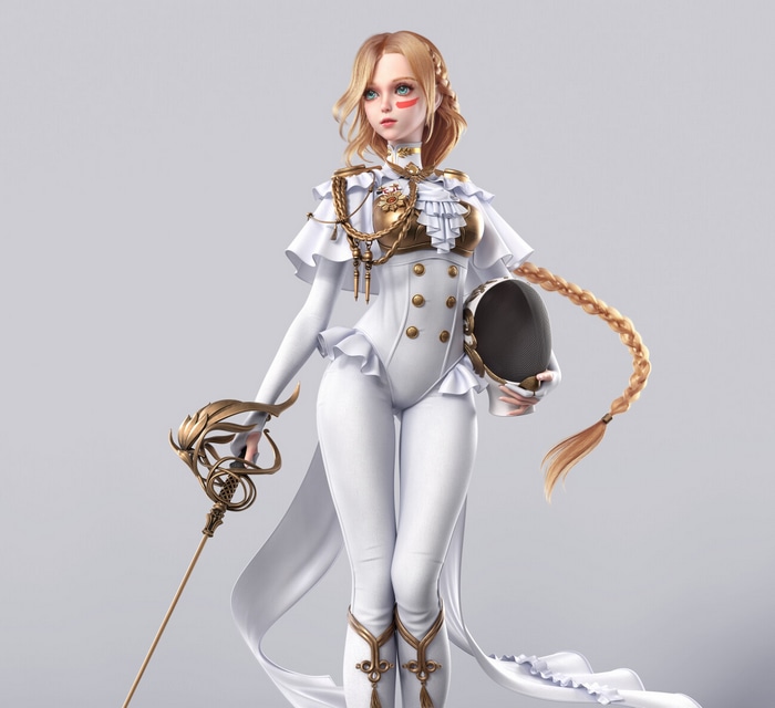 Woman in white holding a rapier and fencing mask