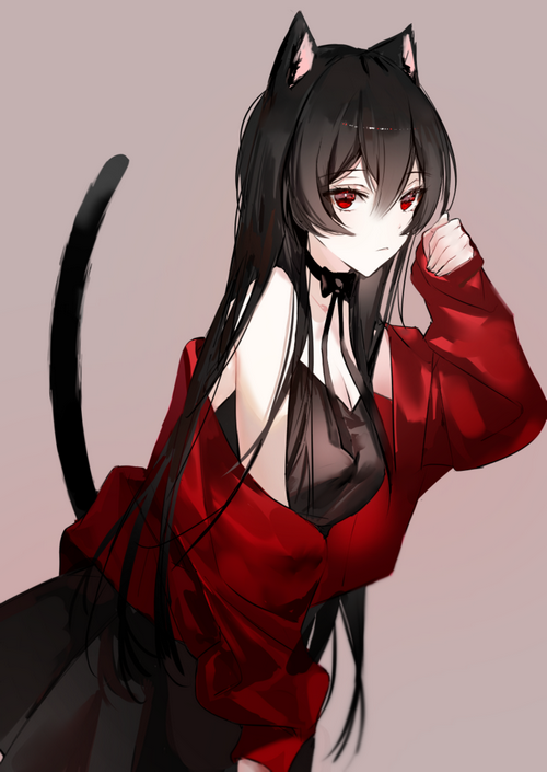 Cat girl with black hair and red eyes