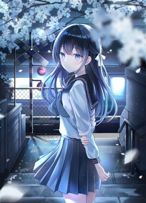 Anime girl in school uniform at train crossing