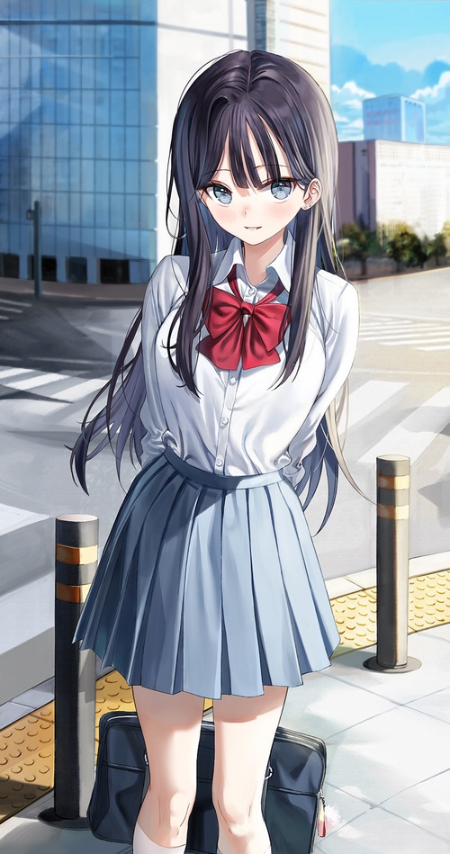 Schoolgirl with dark hair and blue eyes