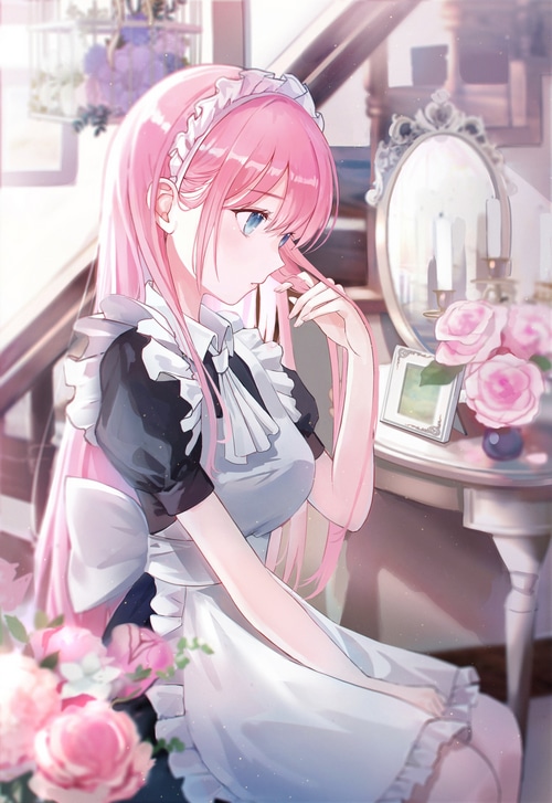 Maid Iren Lovel with pink hair and blue eyes