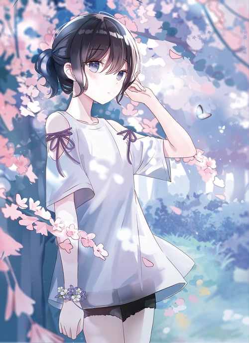Anime girl with cherry blossoms and butterfly