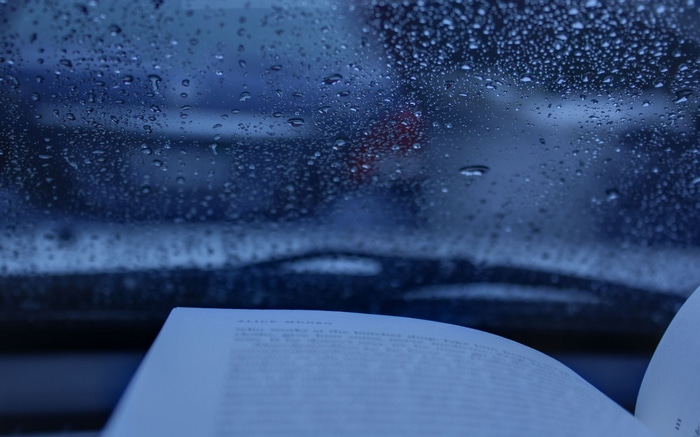 Book on a car dashboard during rain