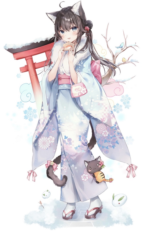 Cat girl in kimono eating sushi near Torii gate