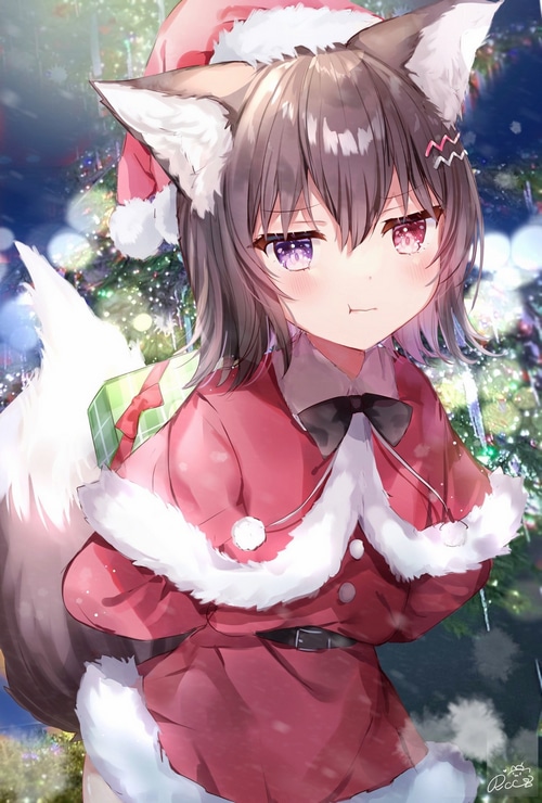 Wolf girl in Christmas outfit with gift