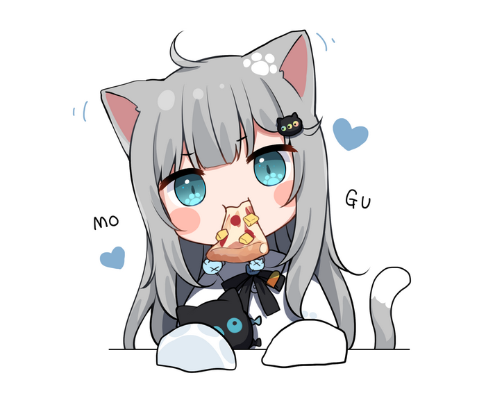 Chibi Cat Girl Eating Pizza with Black Cat Companion