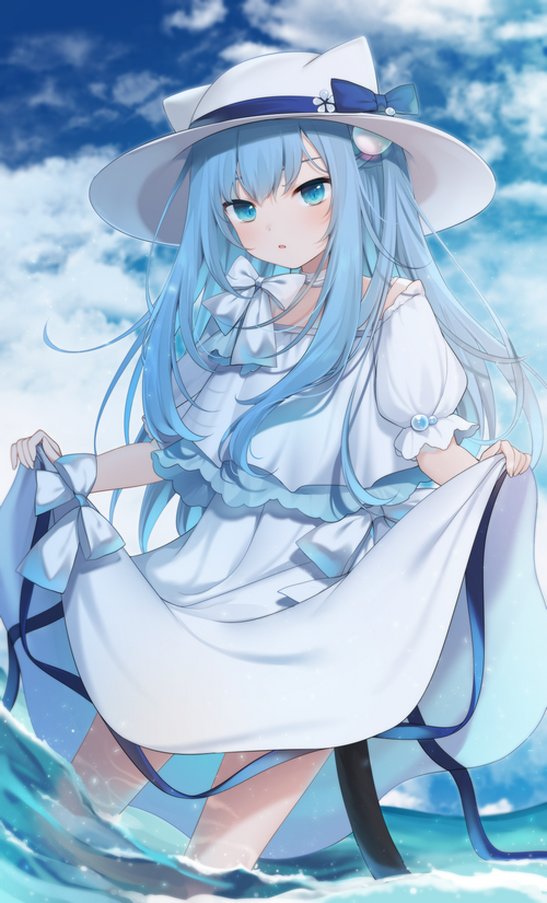 Nekoha Shizuku lifting her dress in the ocean