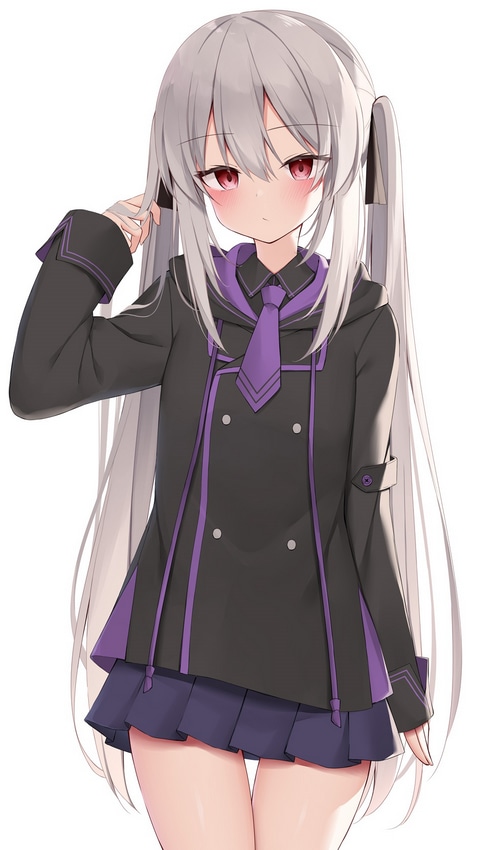 Anime girl with gray twintails and red eyes in uniform