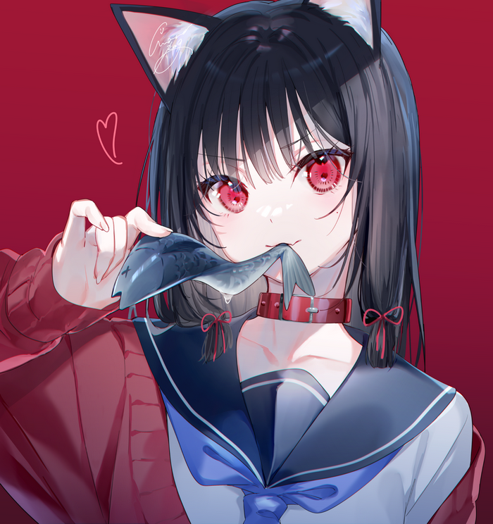 miwano ragu, red eyes, school uniform, cat girl, heart, animal ears ...