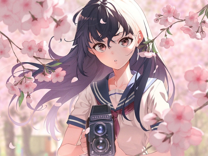 Girl with dark hair holding a camera among cherry blossoms
