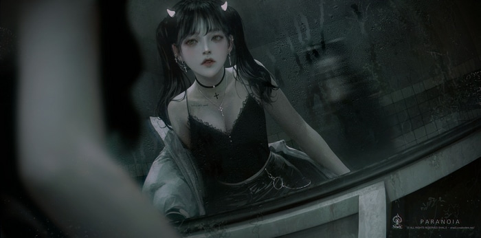 Paranoia: Girl with horns reflected in a mirror