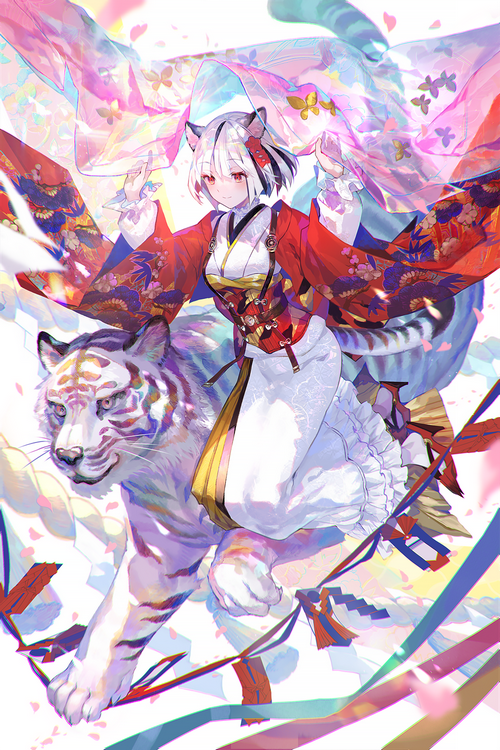 Artwork of a cat girl with a tiger by Fuji Choko