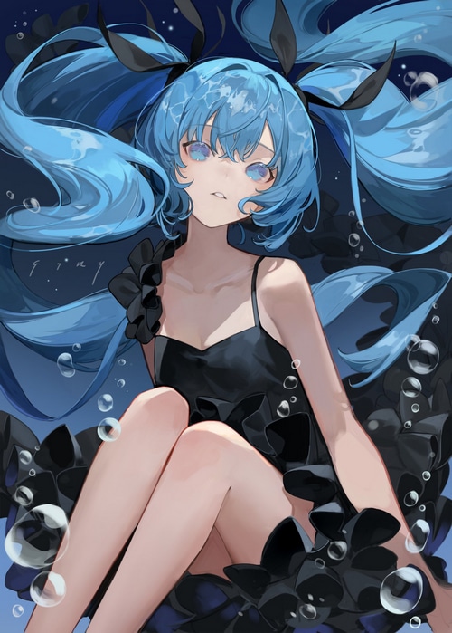 Hatsune Miku in a black dress with blue hair