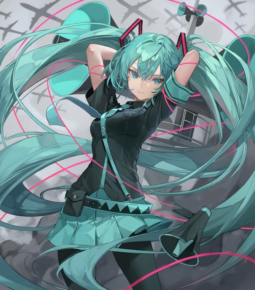 Hatsune Miku in a dark uniform with airplanes in the background