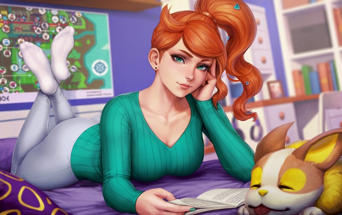 Sonia reading a book with her dog on the bed