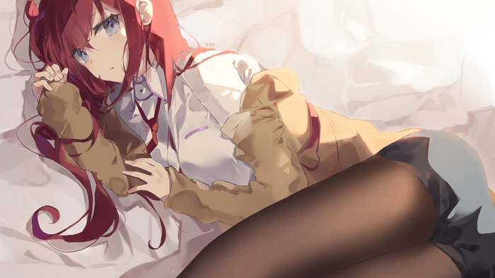Makise Kurisu from Steins;Gate lying on a bed