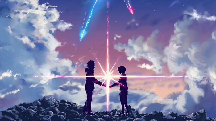 Anime couple reaching for each other under meteor shower