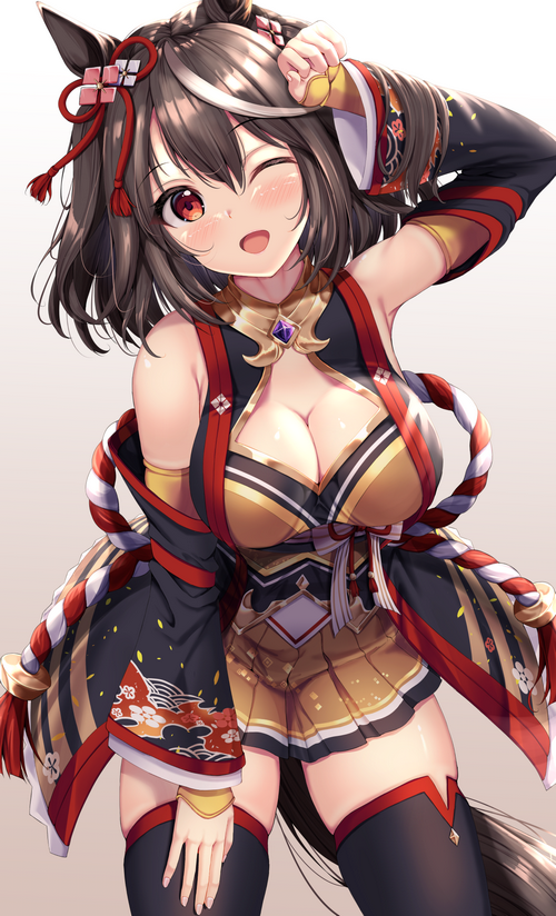Kitasan Black winking with horse ears and cleavage
