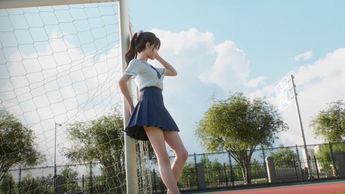 Girl in school uniform leaning on a goalpost