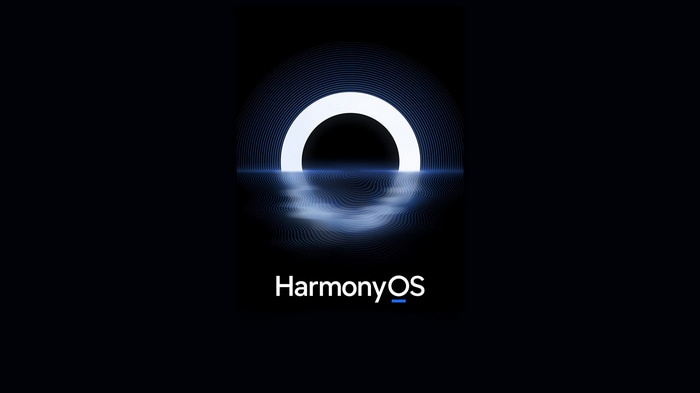 HarmonyOS logo with abstract glowing arch and reflection
