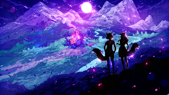Two fox girls stand on a hill overlooking a valley at night