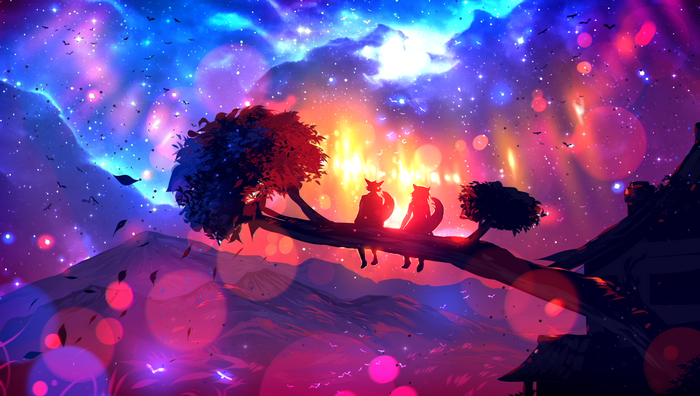 Anthro Fox Couple Sitting on a Tree Branch Under a Starry Sky