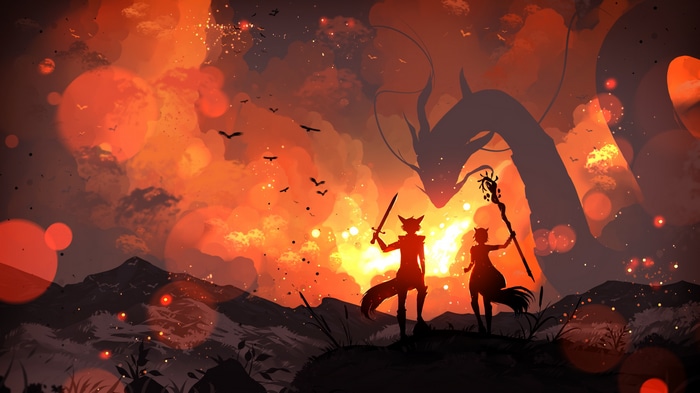 Anthro fox couple with dragon silhouette