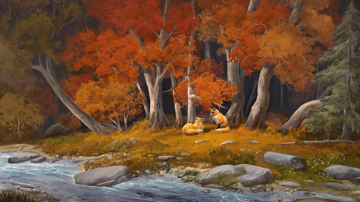 4K Fall Forest with Two Foxes by Dan Field