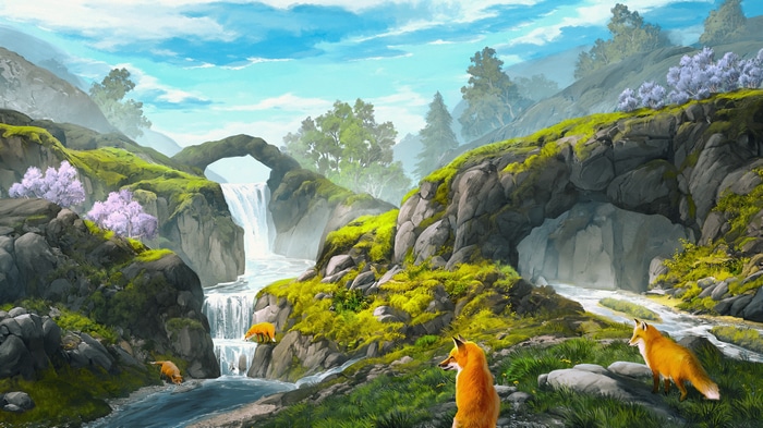 4K landscape with foxes near a waterfall