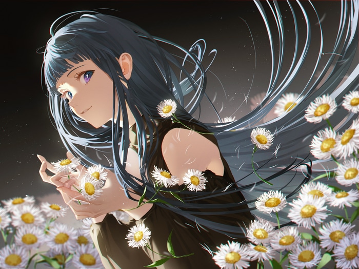 Anime girl with long dark hair and daisies