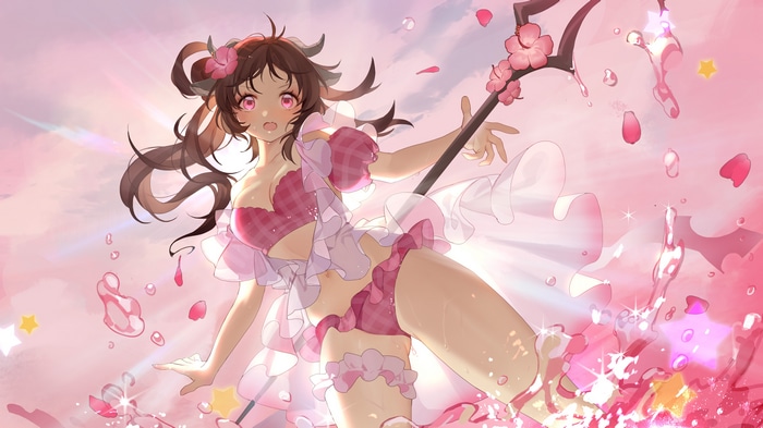 Arknights Eyjafjalla in a pink bikini with cherry blossoms