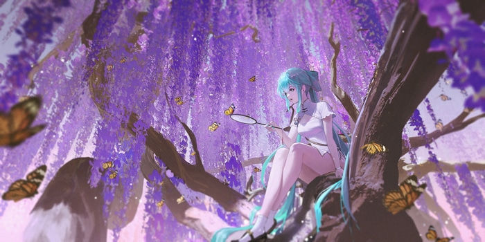 Hatsune Miku in a Chinese dress with butterflies