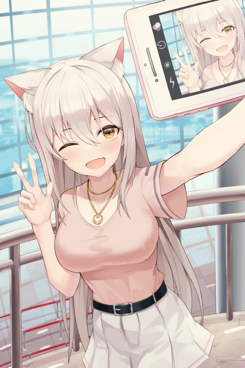 Cat girl taking a selfie with a peace sign