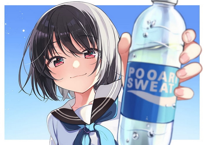 Shigure Ui holding a Pocari Sweat bottle