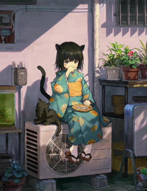 Cat girl in Japanese clothes eating snacks