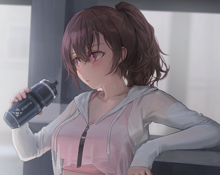 Brunette girl with pink eyes drinking from a water bottle
