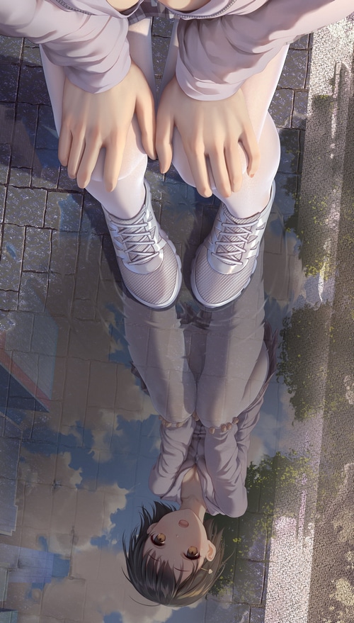 Girl in Sweater and Sneakers Reflected in Puddle