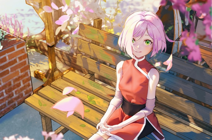 Sakura Haruno sitting on a bench under cherry blossoms