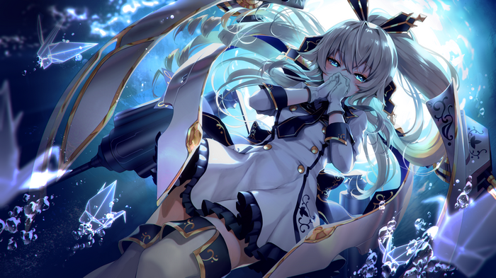 Anime girl in white uniform with blue accents