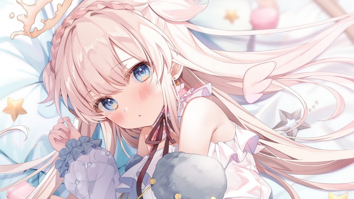 Artwork of a blushing girl with pink hair and blue eyes